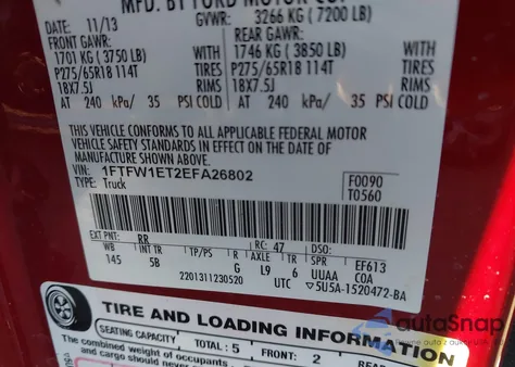 2014 Ford F-150 Fx4 z USA, uszkodzony, nr VIN 1FTFW1ET2EFA26802